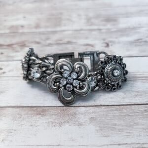 Vintage Bracelet - Clasp Bracelet Chunky Silver & Clear Gem